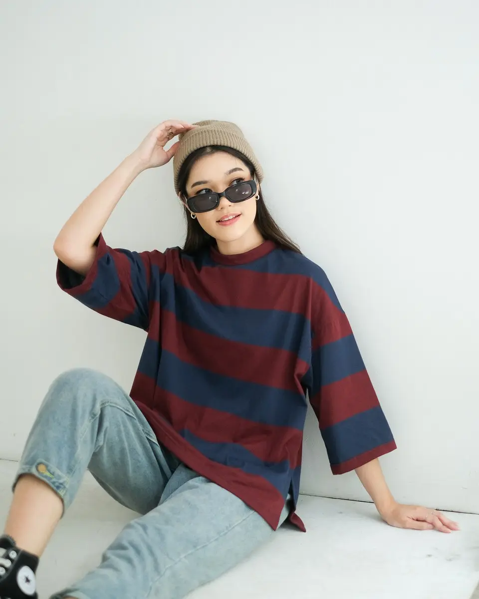 Karasu Stripe Sleeve Top Maroon-Navy