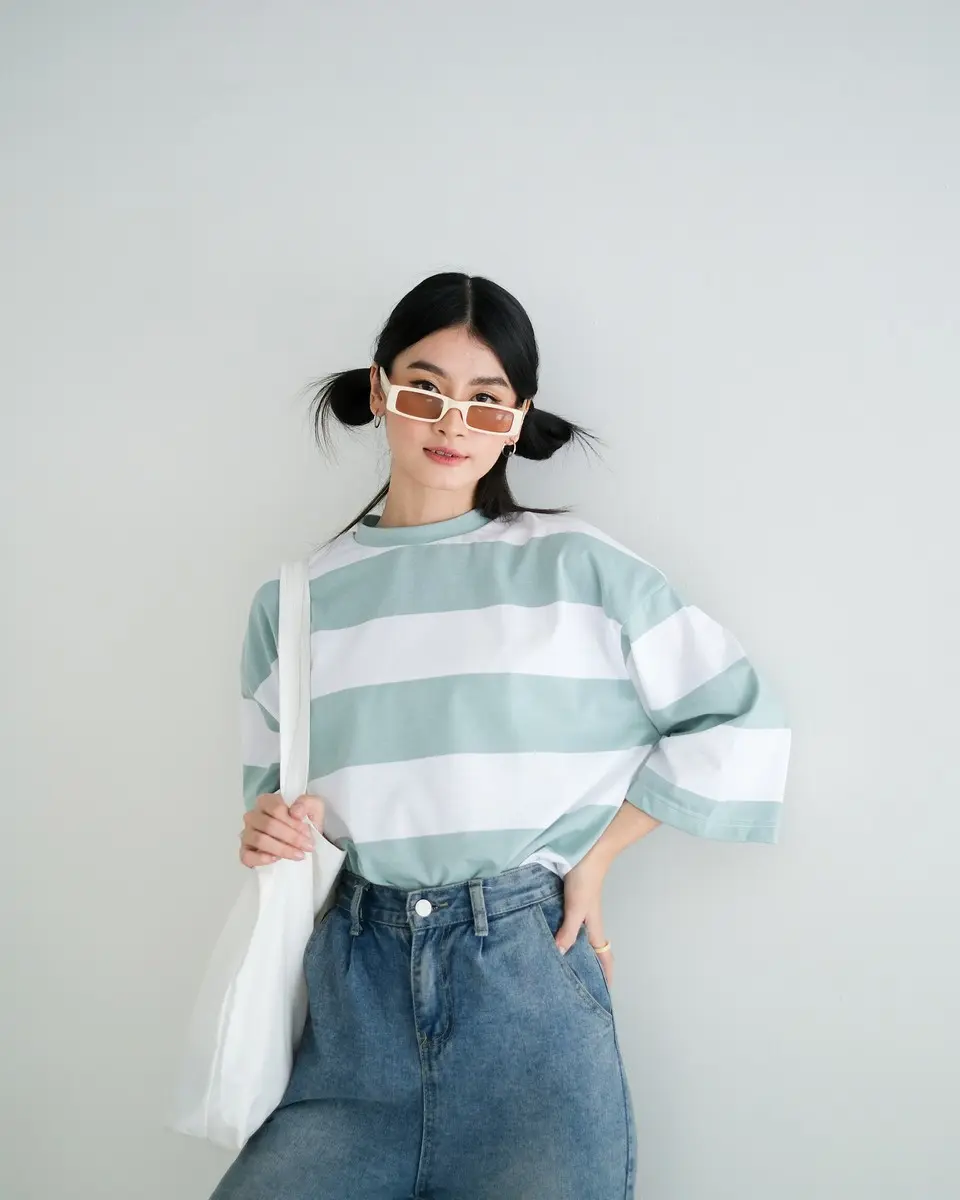 Karasu Stripe Sleeve Top Mint-Bw