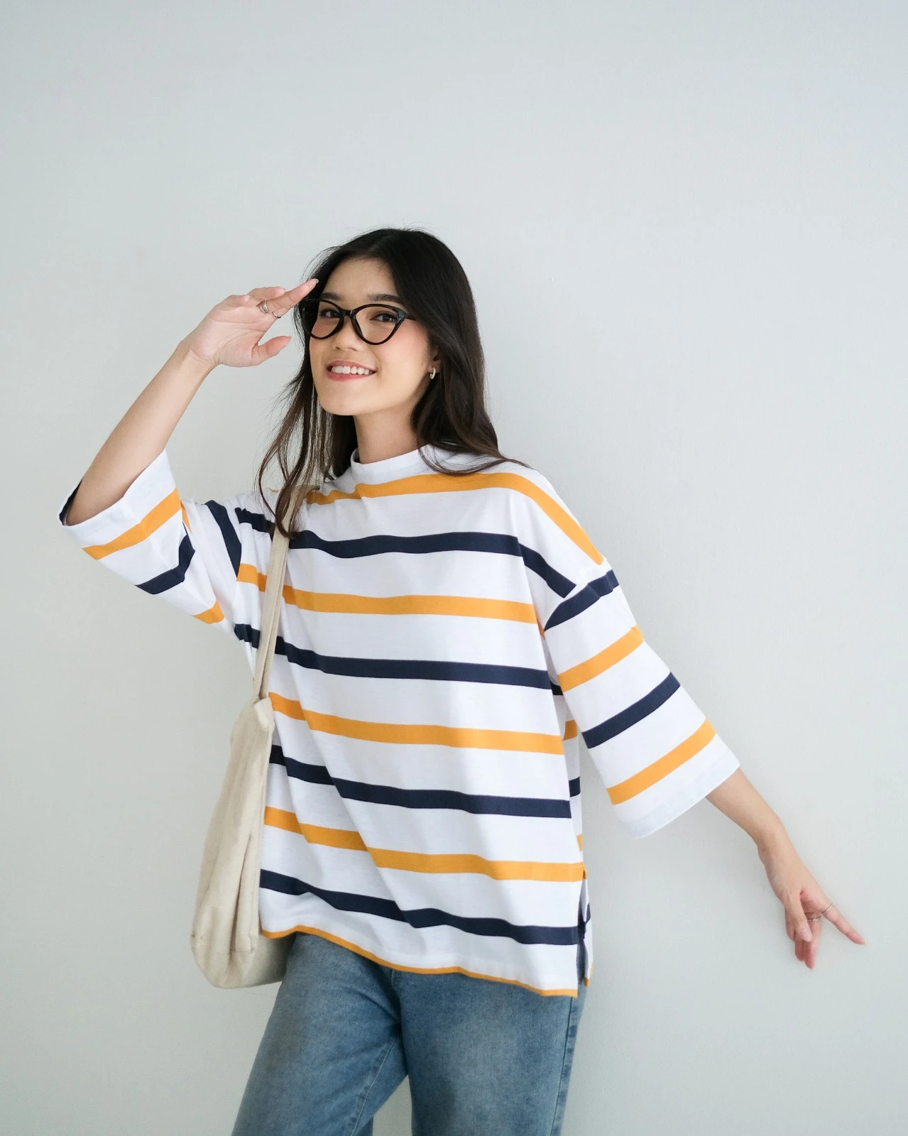 Karasu Stripe Sleeve Top Bw-Navy-Mustard - Image 2