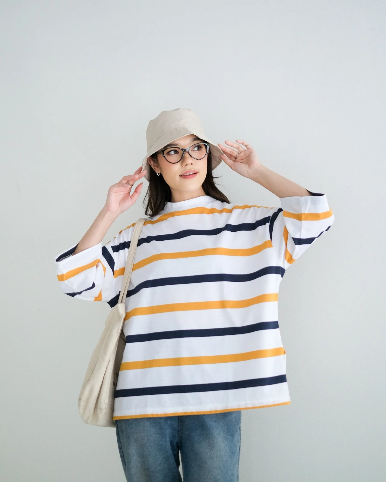 Karasu Stripe Sleeve Top Bw-Navy-Mustard