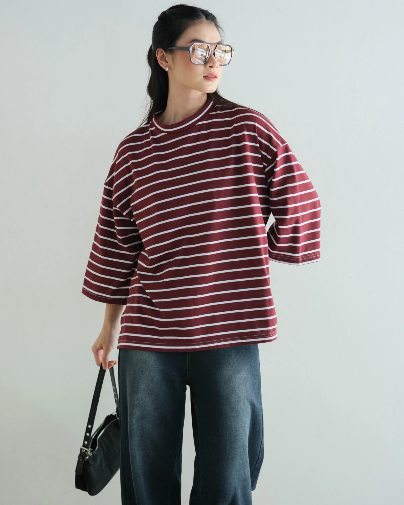 Alternative view of Karasu Stripe Sleeve Top Maroon-Bw Small