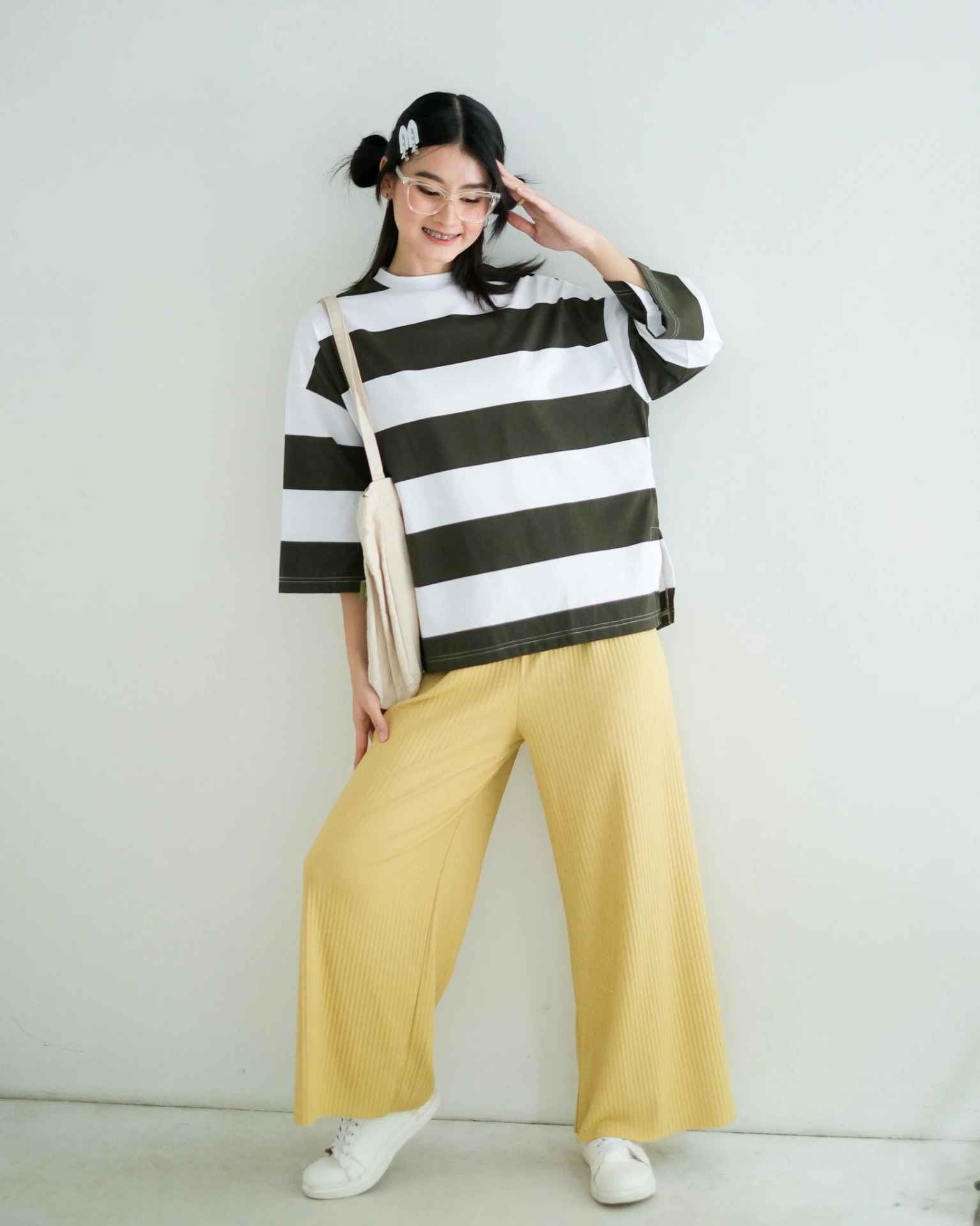 Alternative view of Karasu Stripe Sleeve Top Army-Broken White