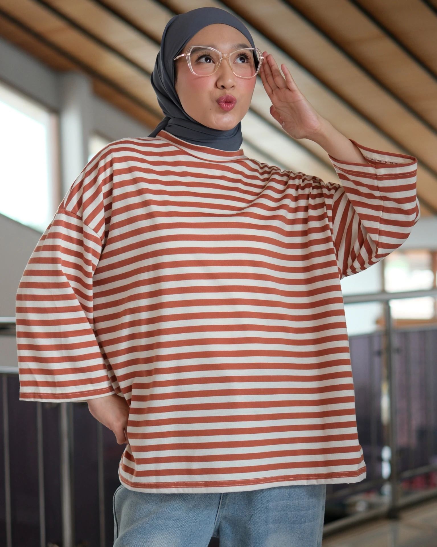 Alternative view of Karasu Stripe Sleeve Top Cream-Hazelnut
