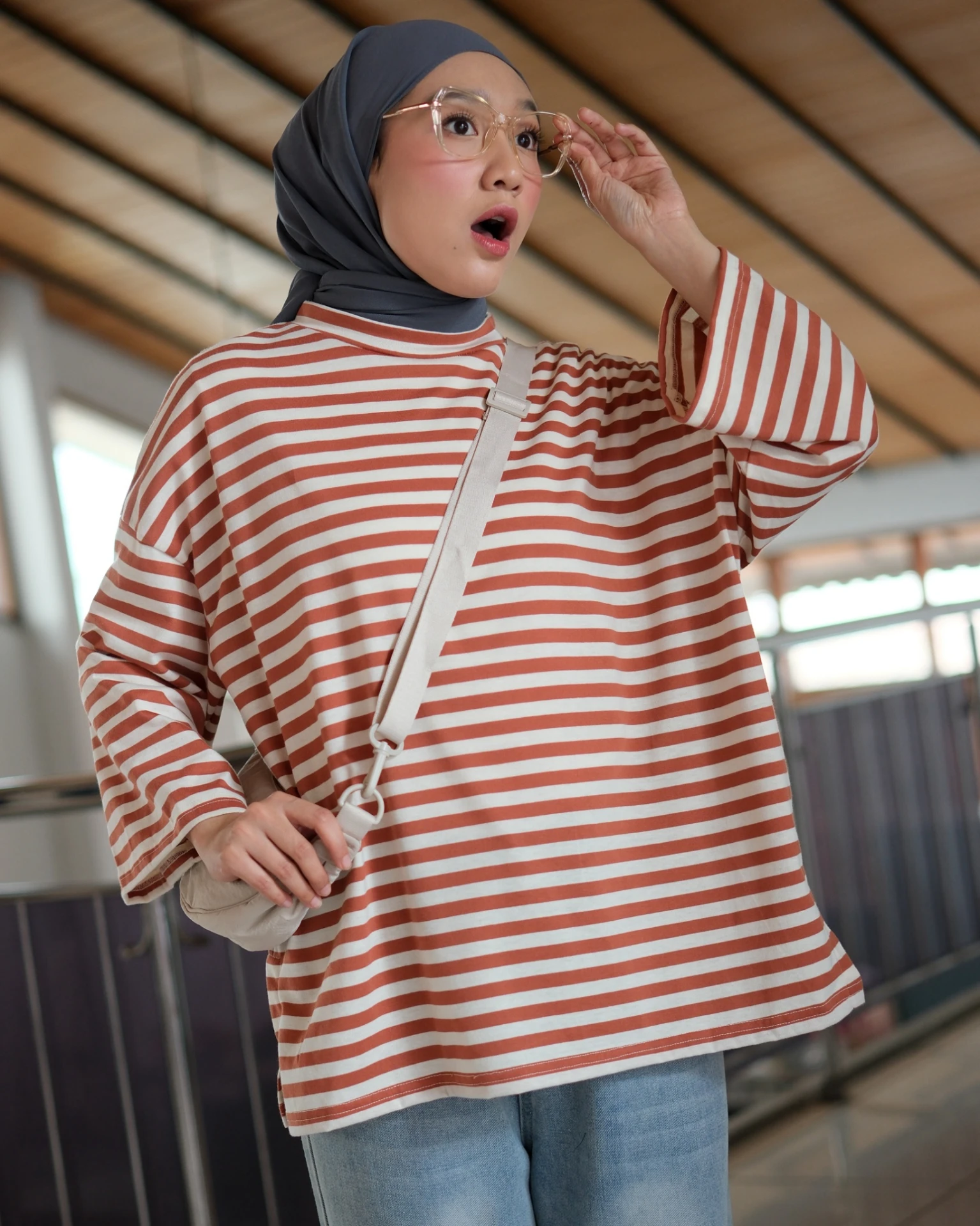 Karasu Stripe Sleeve Top Cream-Hazelnut
