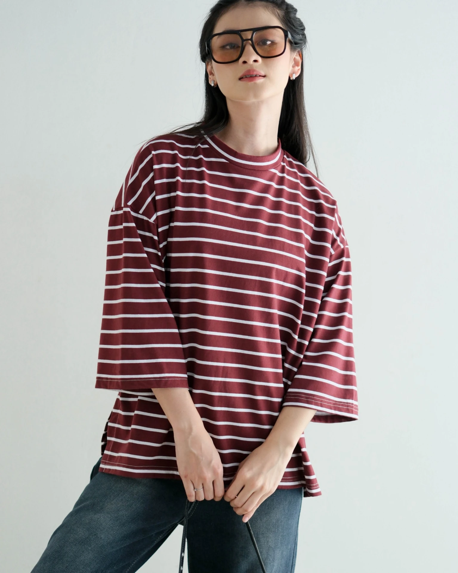 Karasu Stripe Sleeve Top Maroon-Bw Small