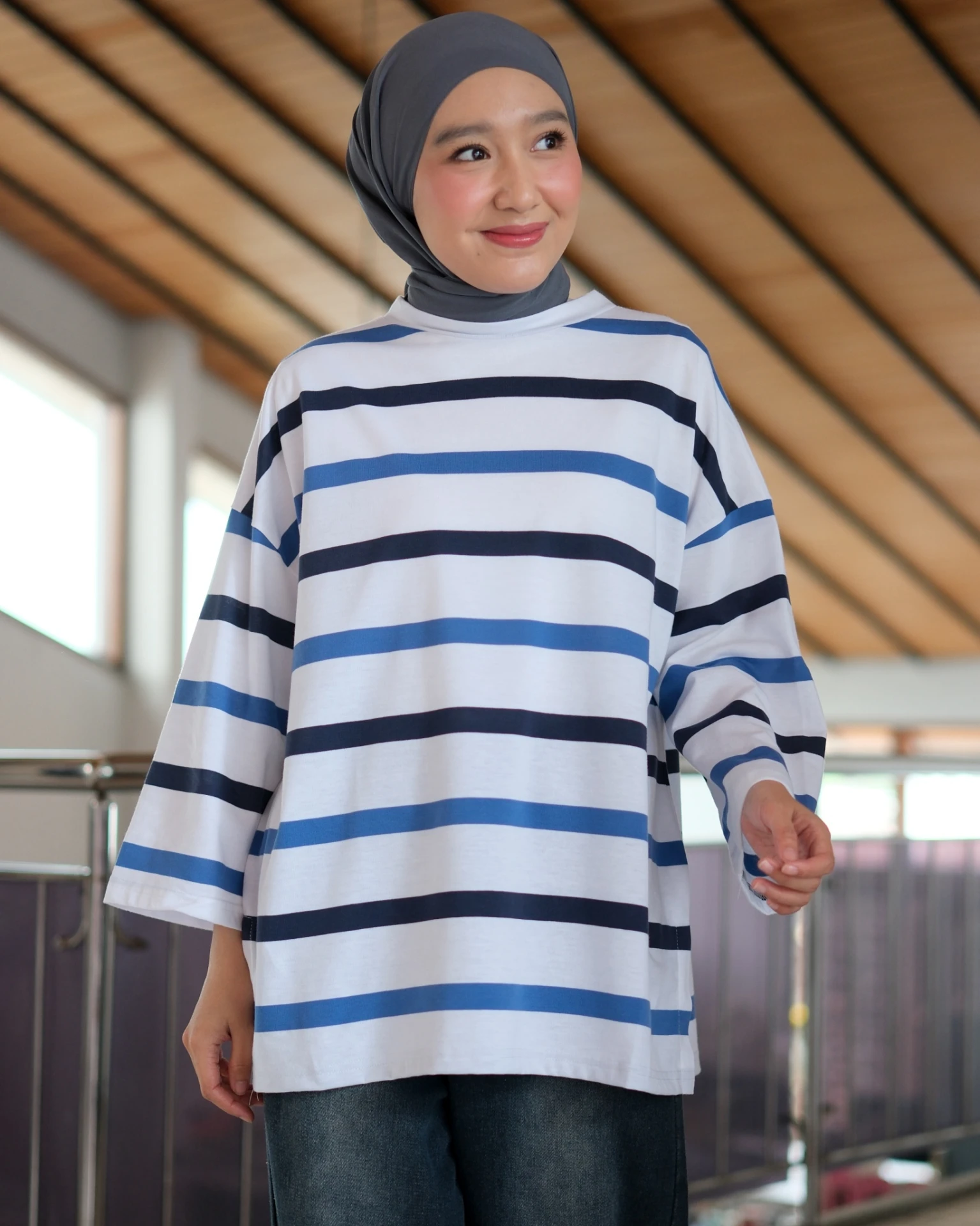 Karasu Stripe Sleeve Top Navy-Bw-Blue