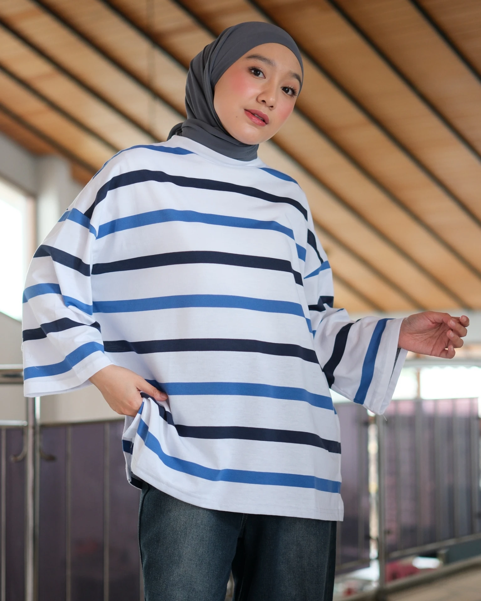 Alternative view of Karasu Stripe Sleeve Top Navy-Bw-Blue