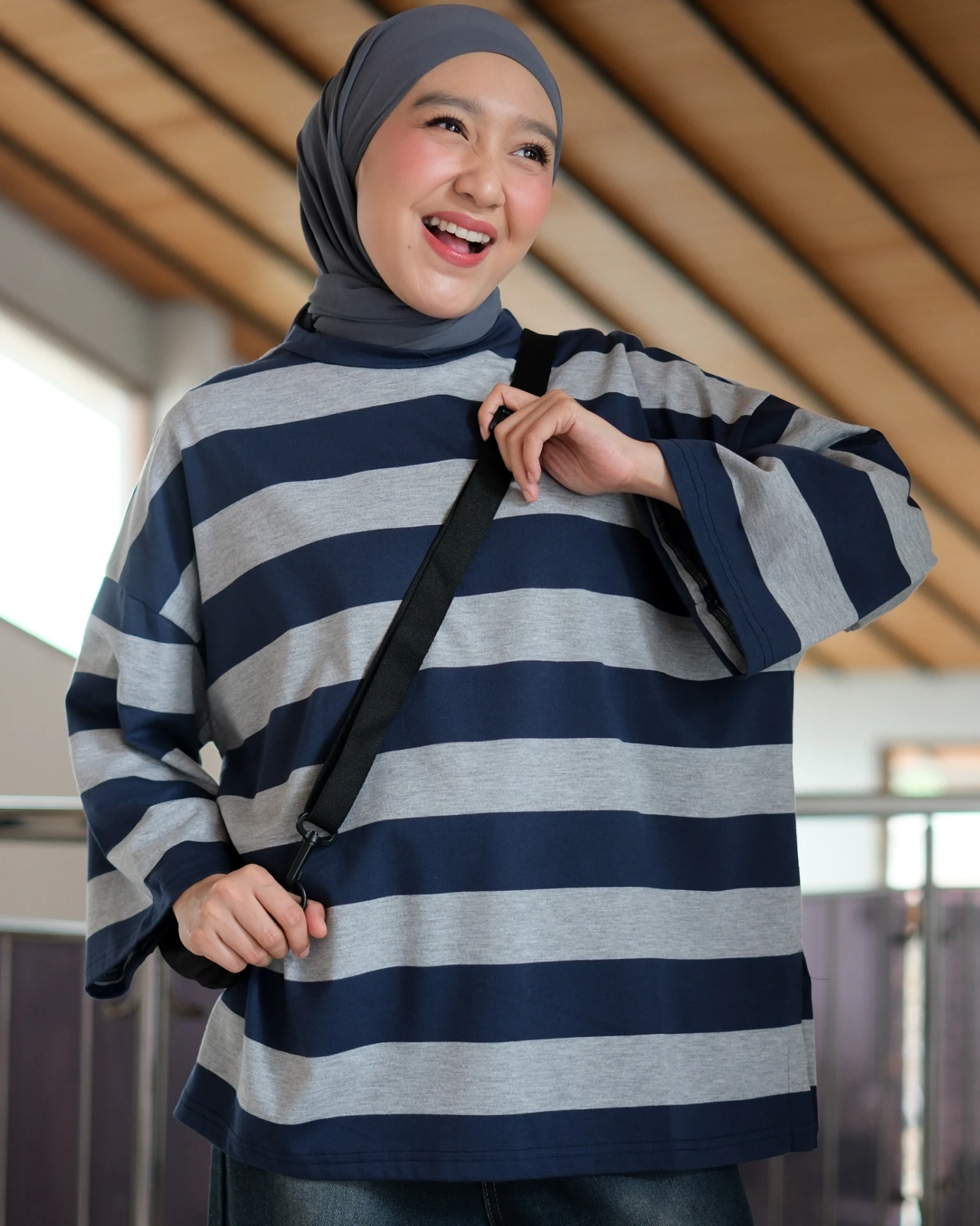 Alternative view of Karasu Stripe Sleeve Top Misty Grey-Navy