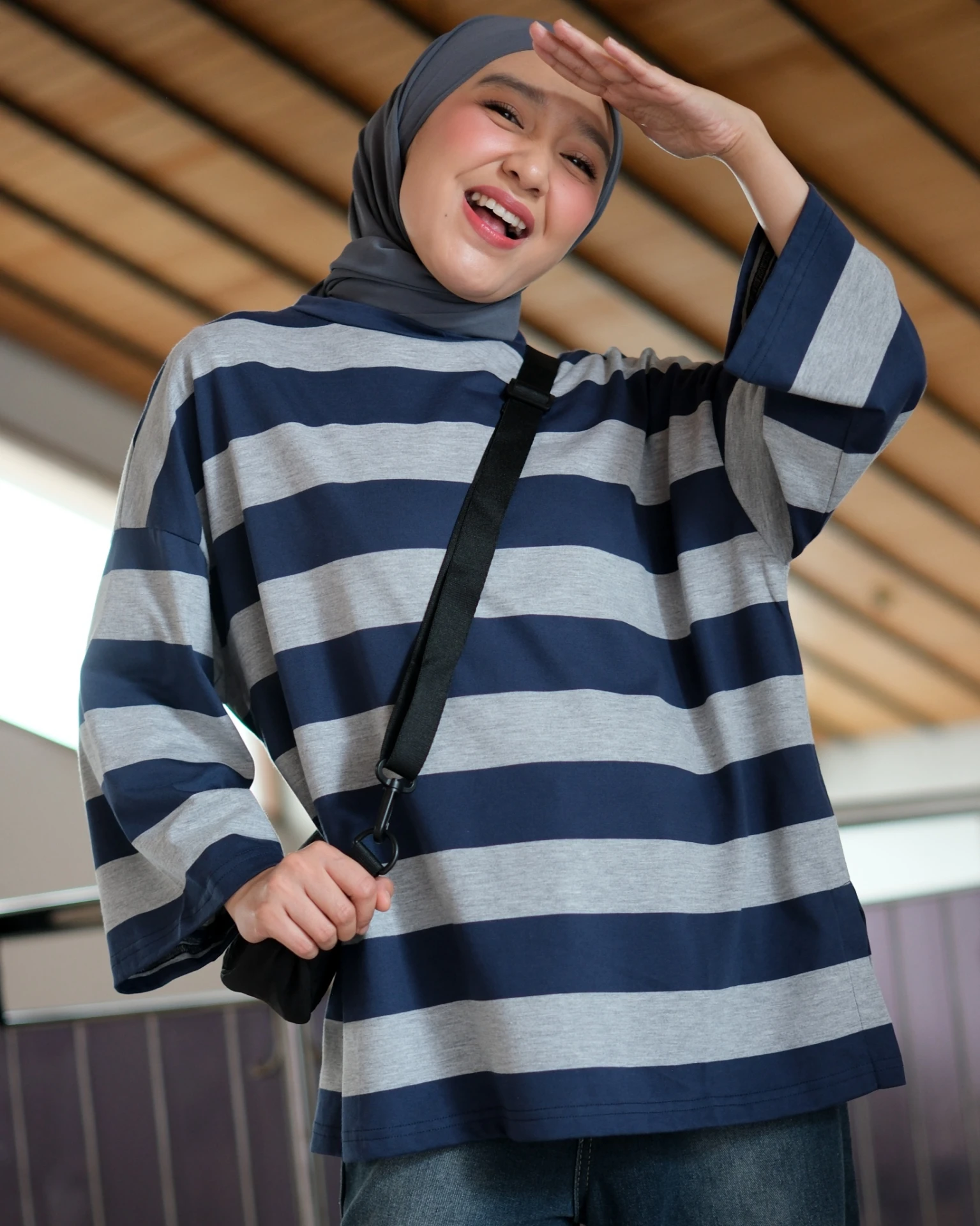 Karasu Stripe Sleeve Top Misty Grey-Navy