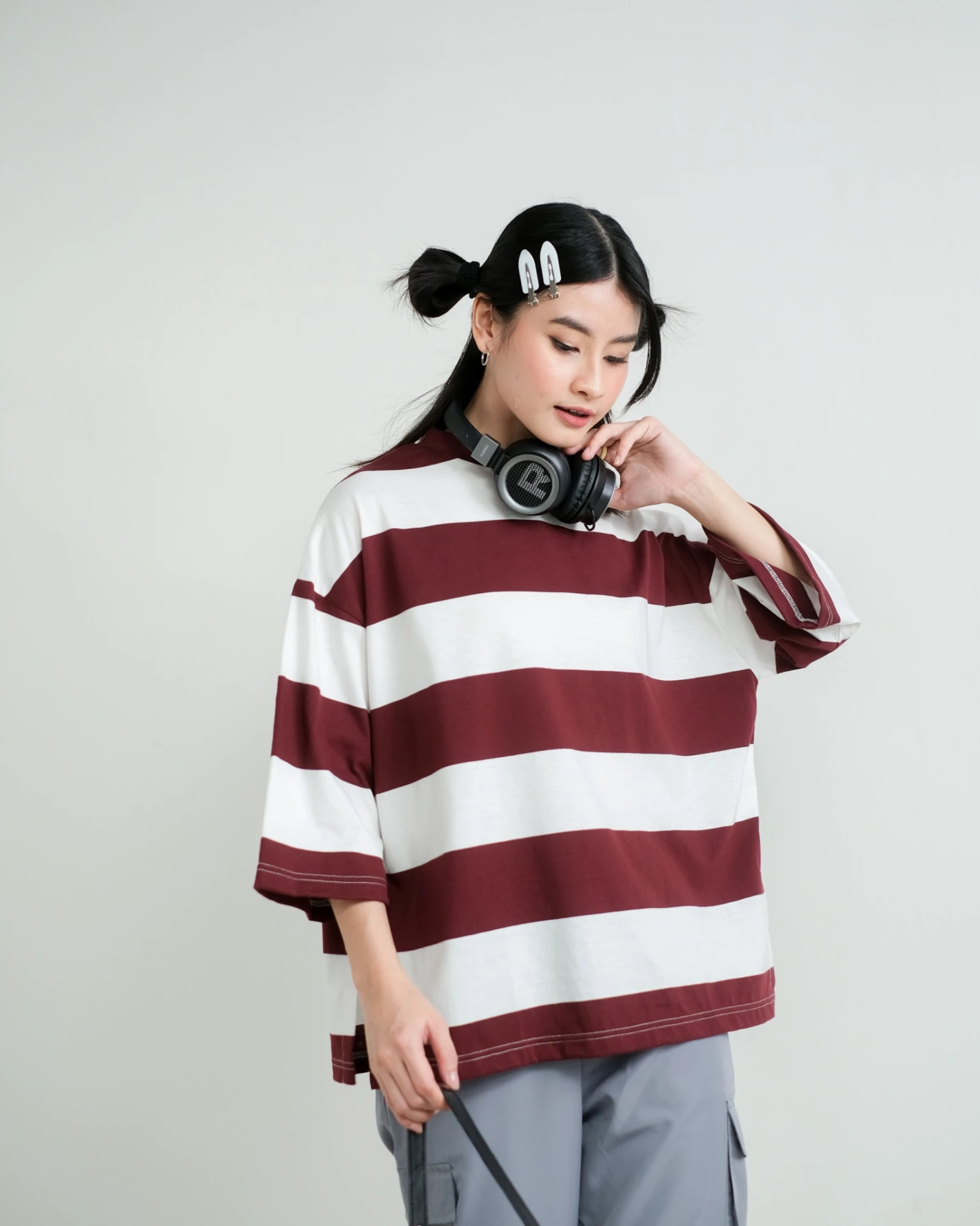 Karasu Stripe Sleeve Top Maroon-Bw Big