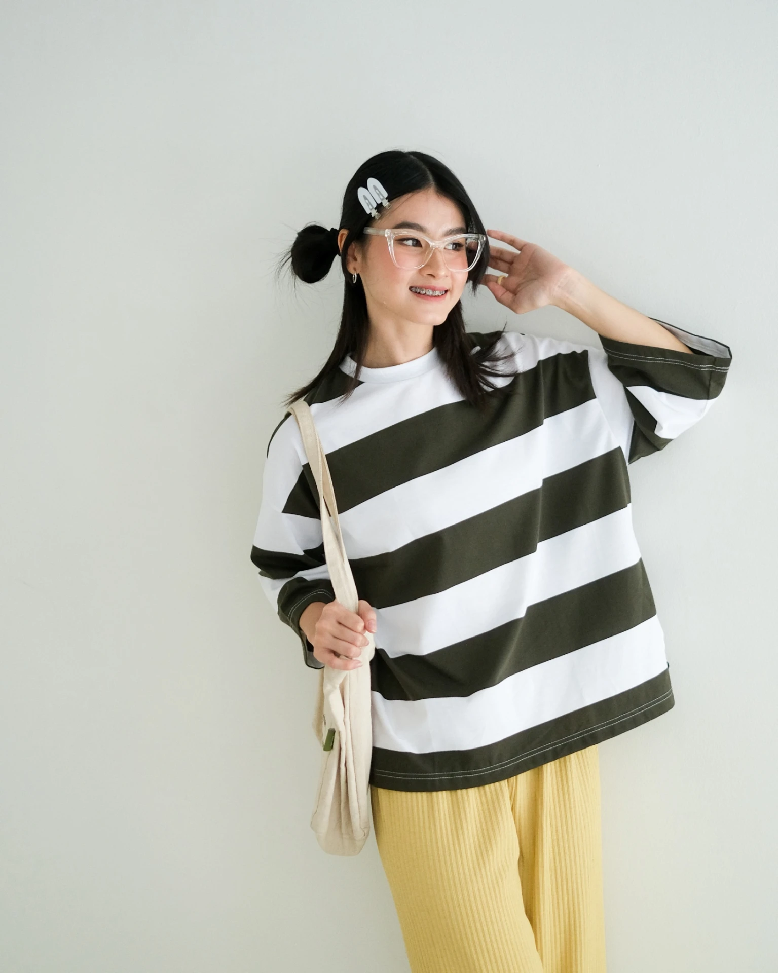 Karasu Stripe Sleeve Top Army-Broken White