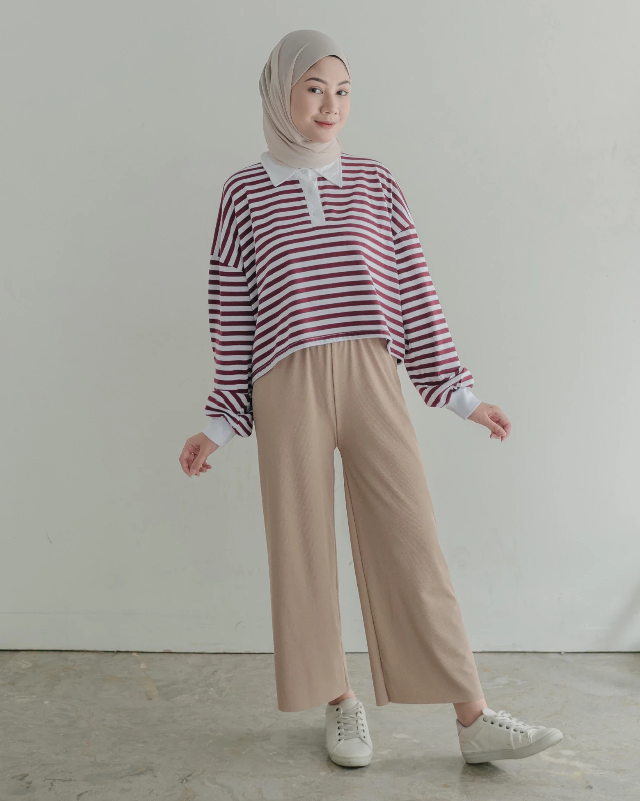 Lilou Stripe Longsleeve Broken White-Maroon Small