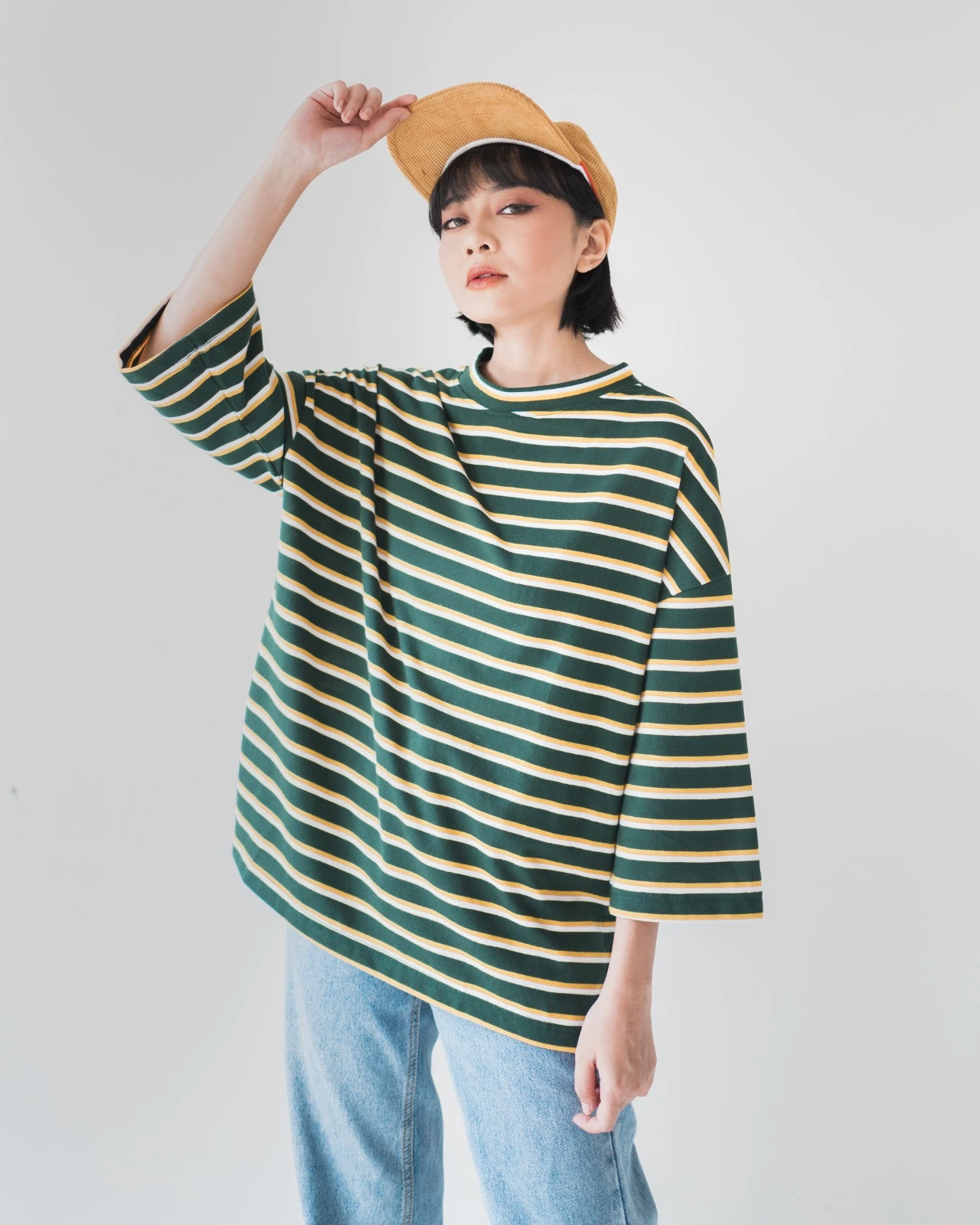 Karasu Stripe Sleeve Top Green-Mustard Broken White