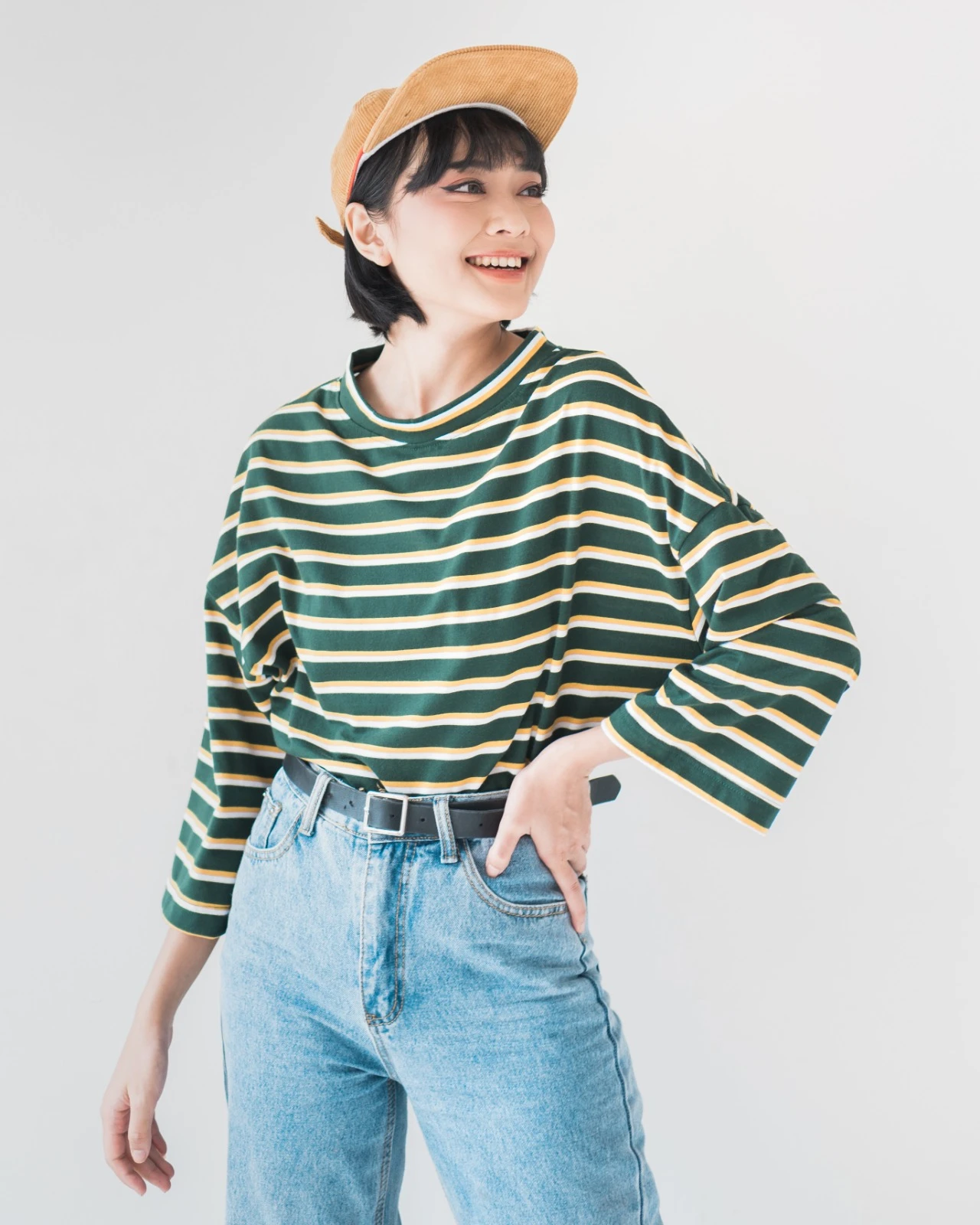 Alternative view of Karasu Stripe Sleeve Top Green-Mustard Broken White