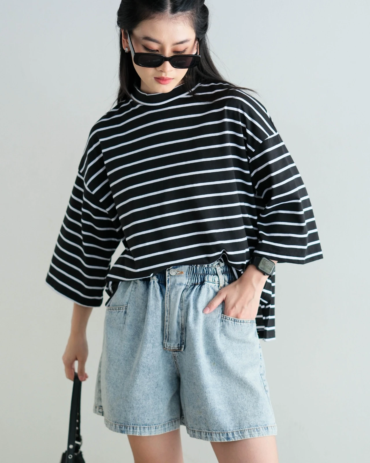 Karasu Stripe Sleeve Top Black - Bw Small