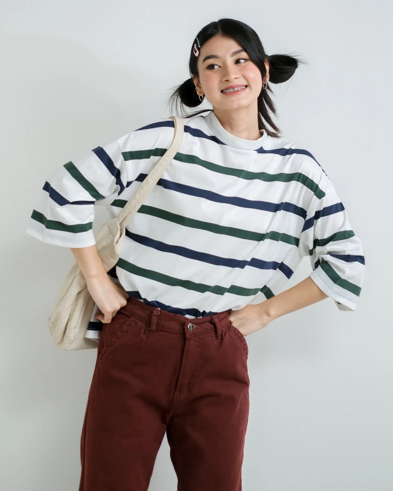 Karasu Stripe Sleeve Top Bw-Navy-Green