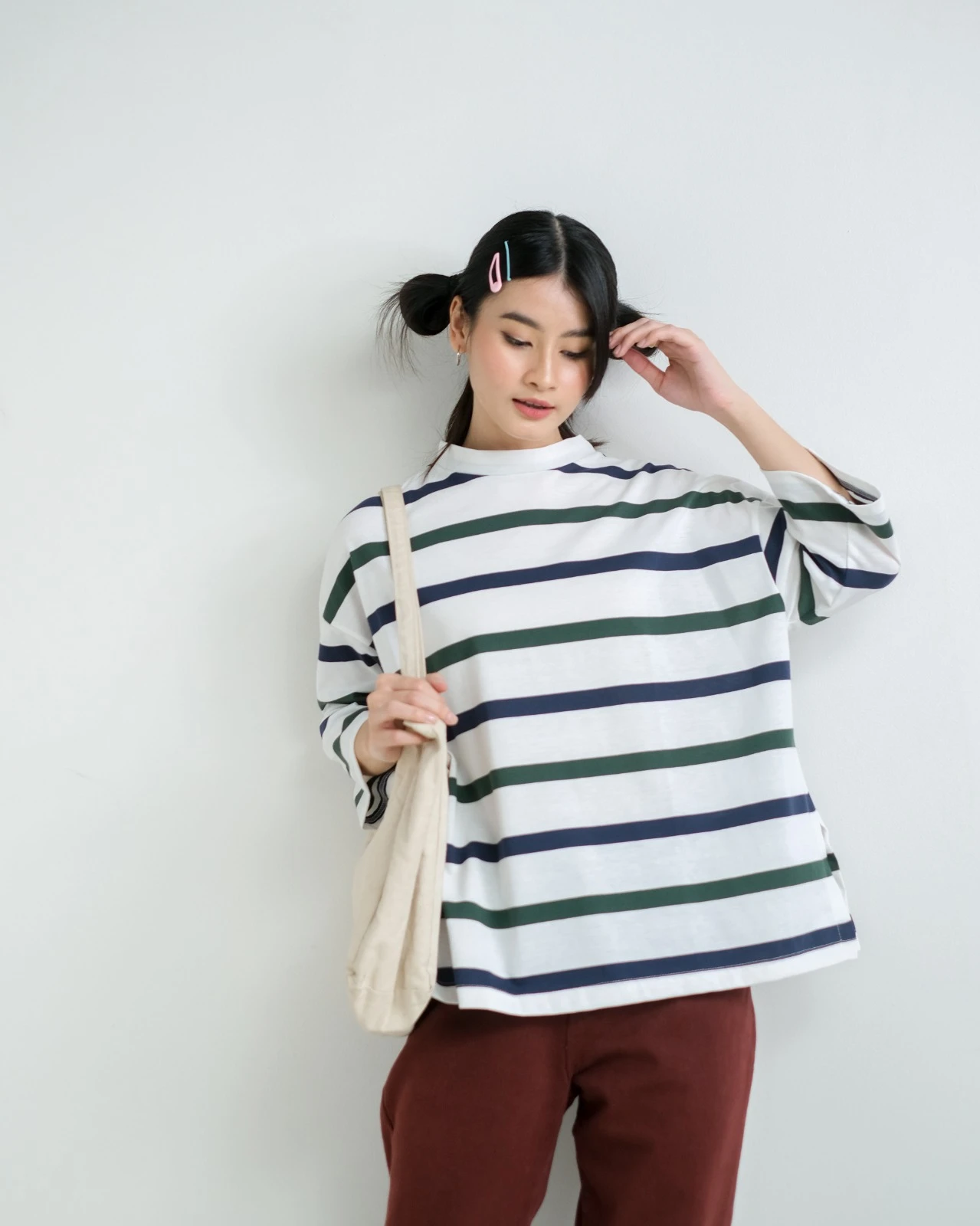 Alternative view of Karasu Stripe Sleeve Top Bw-Navy-Green
