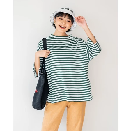 Karasu Stripe Sleeve Top Green-Broken White