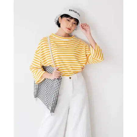 Karasu Stripe Sleeve Top Mustard-Broken White