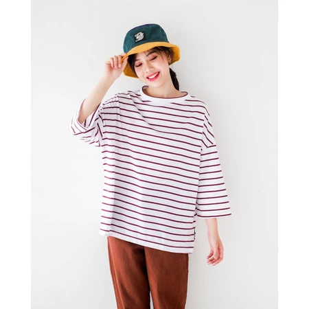 Karasu Stripe Sleeve Top Broken White-Maroon
