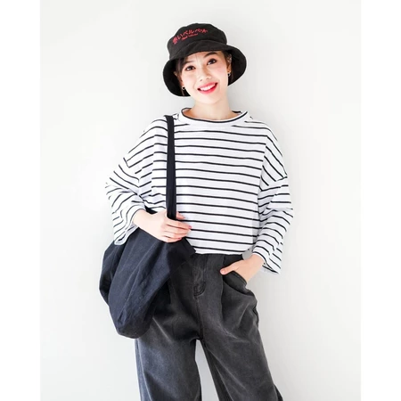 Karasu Stripe Sleeve Top Broken White-Black