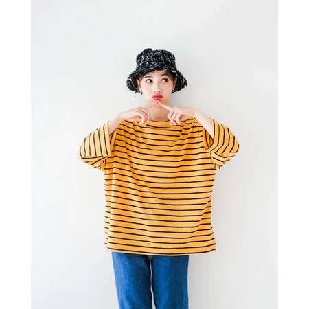 Karasu Stripe Sleeve Top Mustard-Black Small Stripe