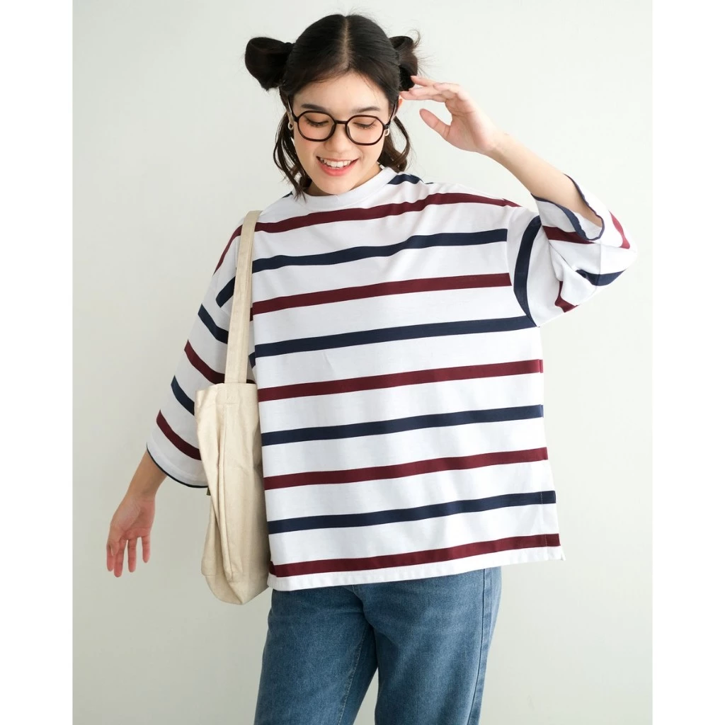 Karasu Stripe Sleeve Top Bw-Navy-Maroon