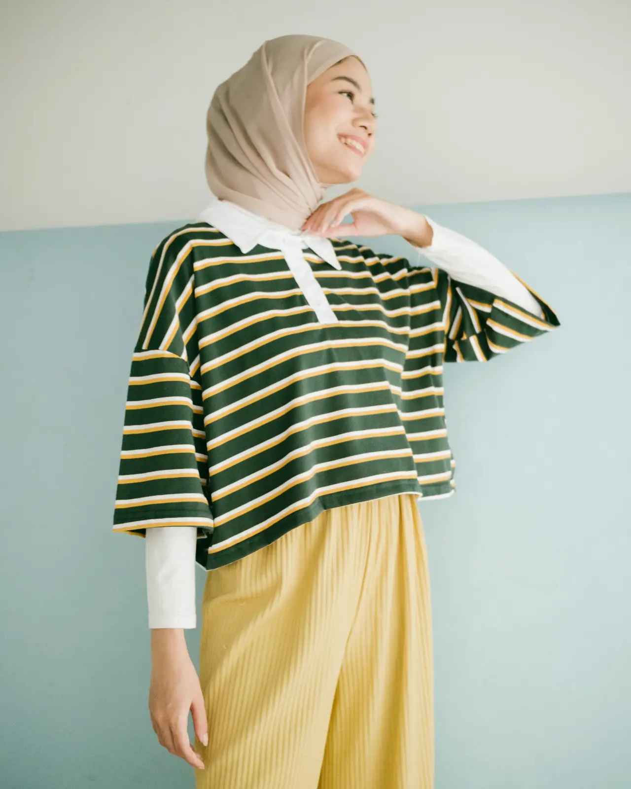 Anyta Stripe Top Green Mustard Bw - Image 2