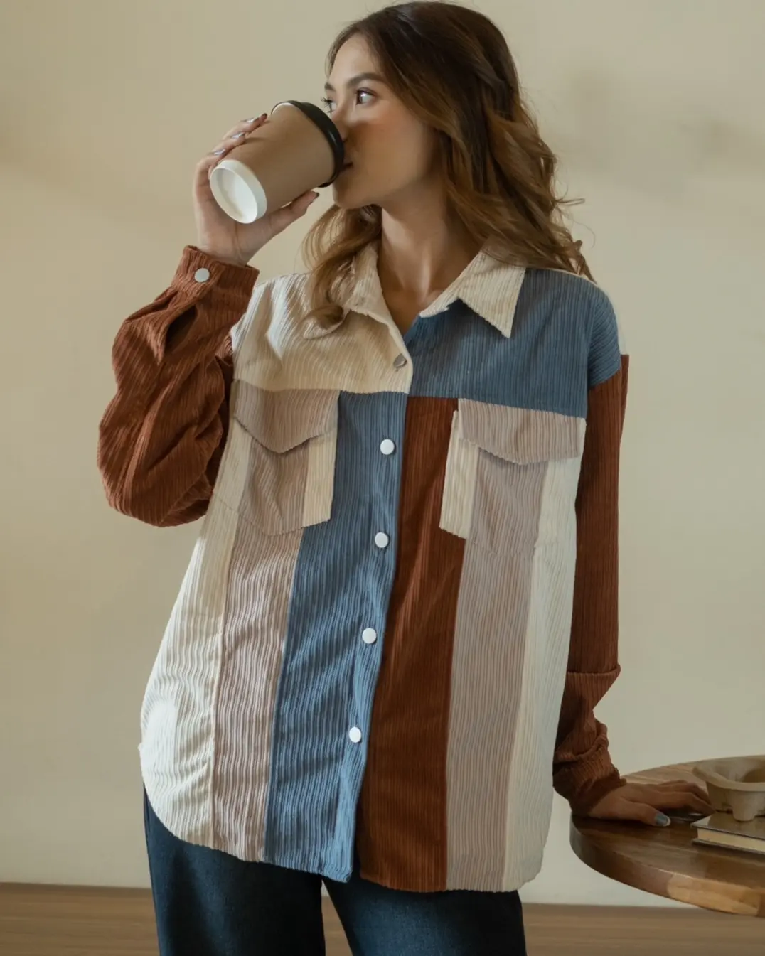 Genara Corduroy Jacket Kode L-117 Ivory-Brown - Image 2