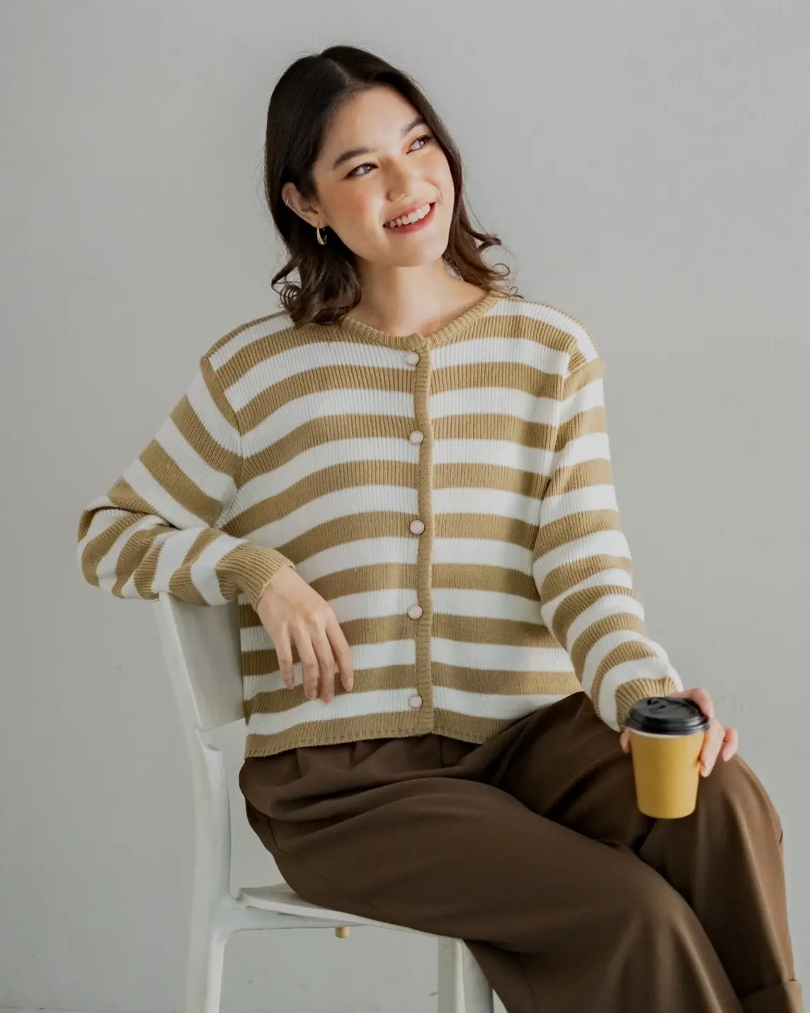Mayuka Stripe Cardigan Khaki
