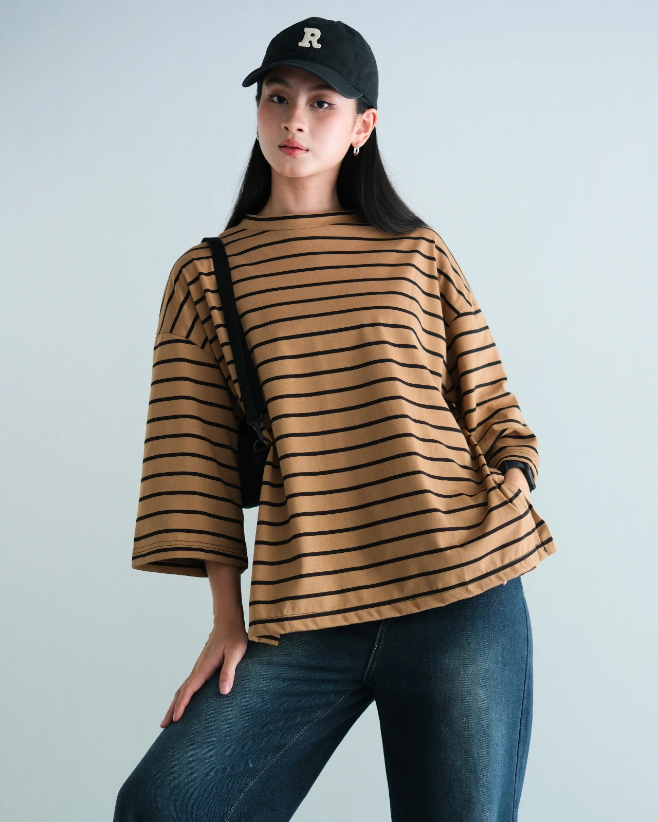 Karasu Stripe Sleeve Top Black-Choco Small