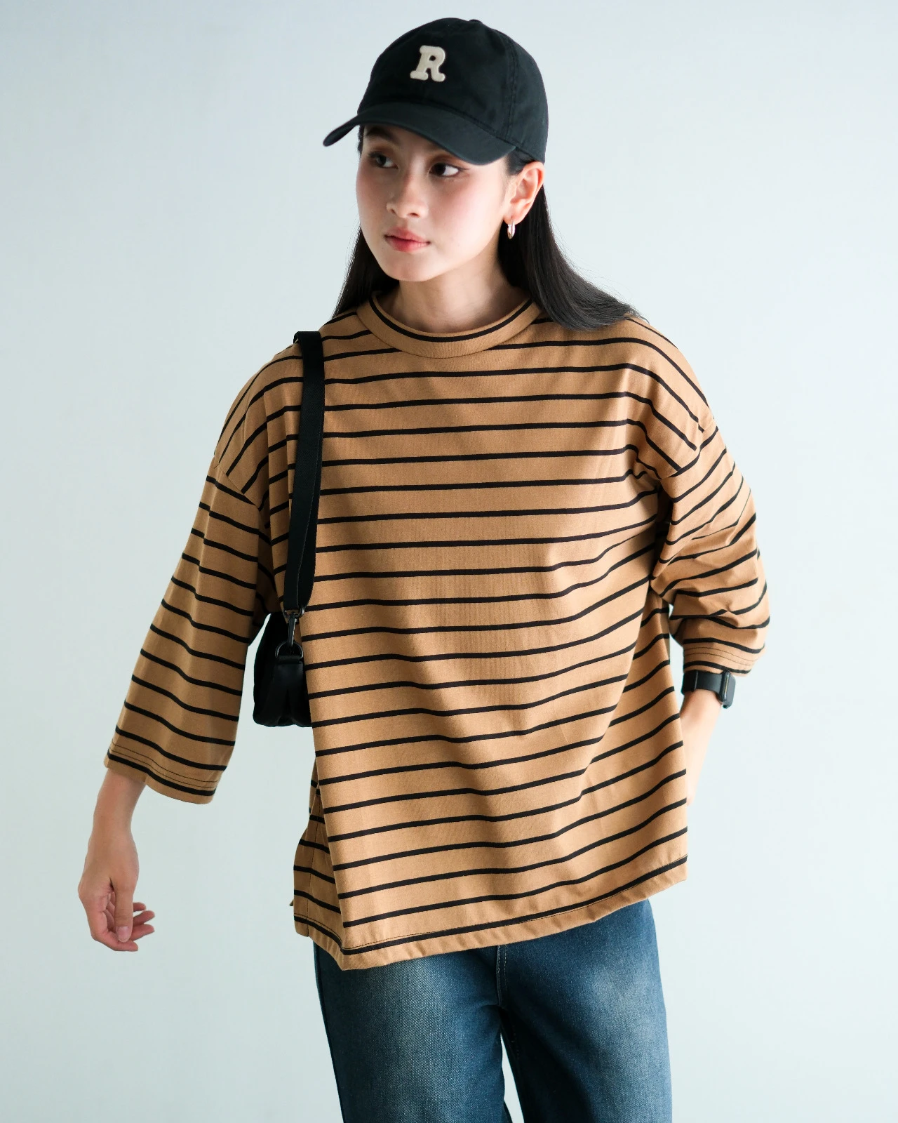 Alternative view of Karasu Stripe Sleeve Top Black-Choco Small