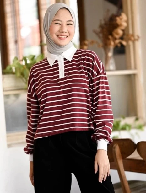 Lilou Stripe Longsleeve Maroon-Bw Small