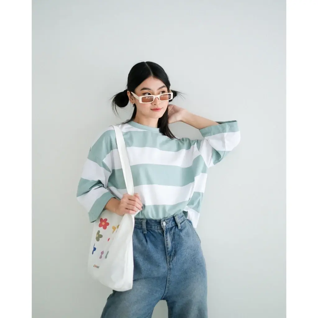 Karasu Stripe Sleeve Top Mint-Bw