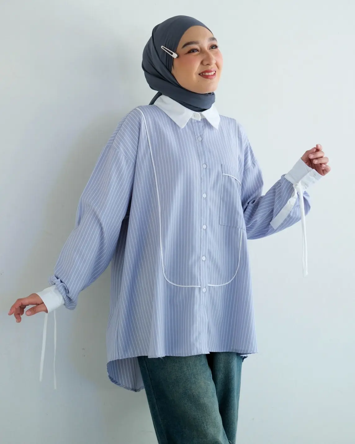 Doskan Stripe Shirt Kode 1403 Light Grey - Image 2