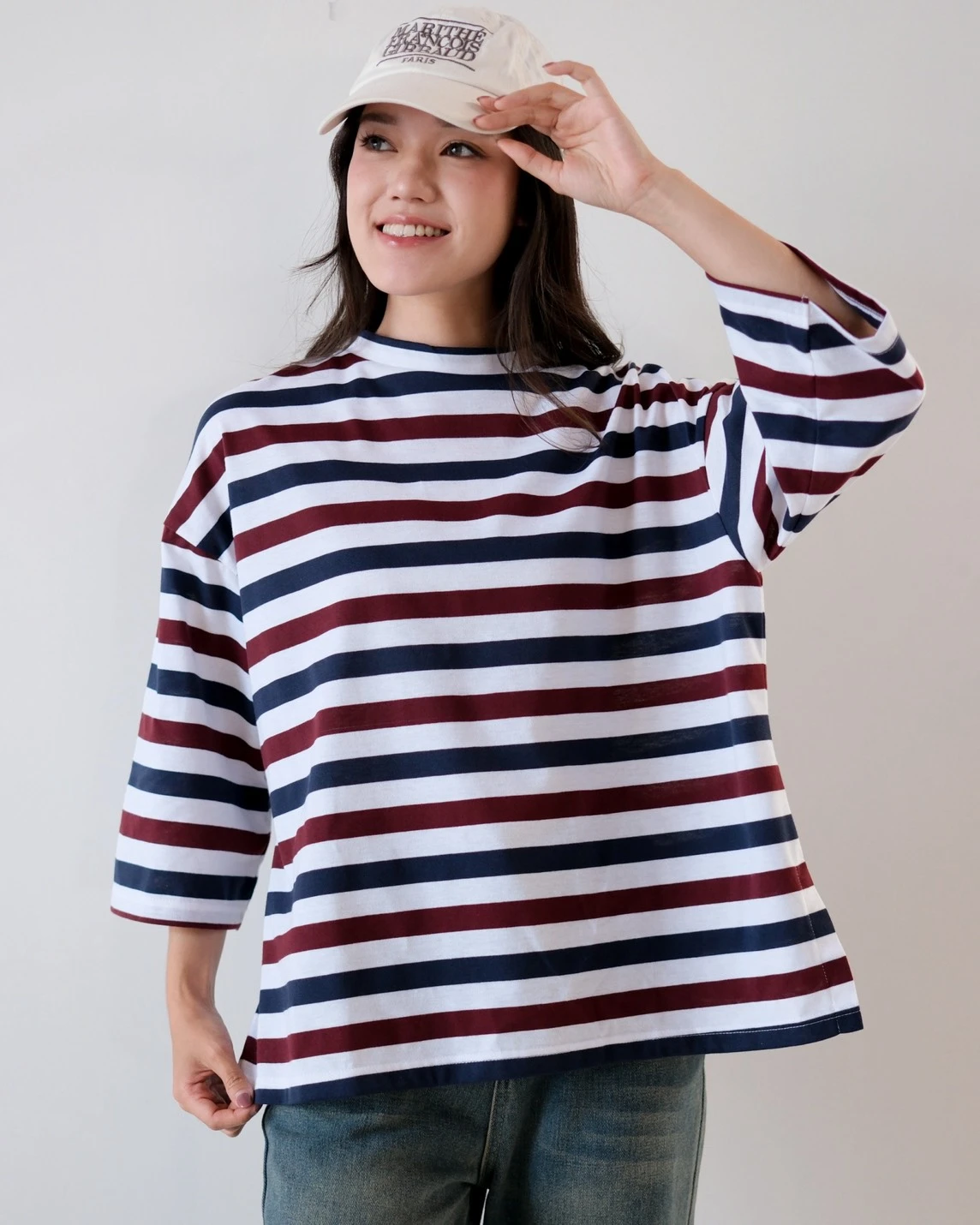 Alternative view of Karasu Stripe Sleeve Top Bw-Navy-Maroon Small