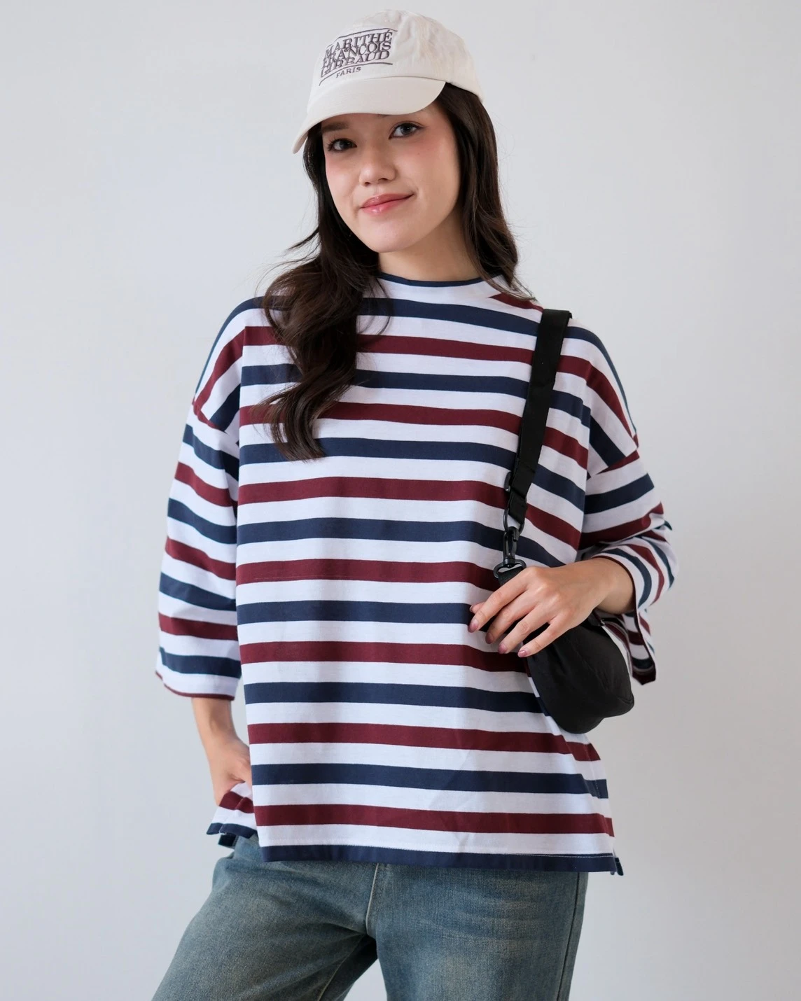 Karasu Stripe Sleeve Top Bw-Navy-Maroon Small