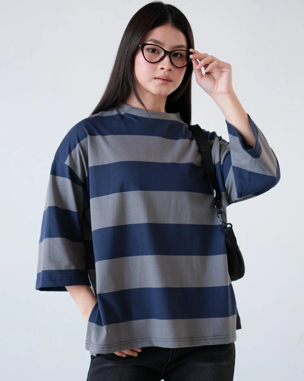 Alternative view of Karasu Stripe Sleeve Top Dark Grey-Navy Big