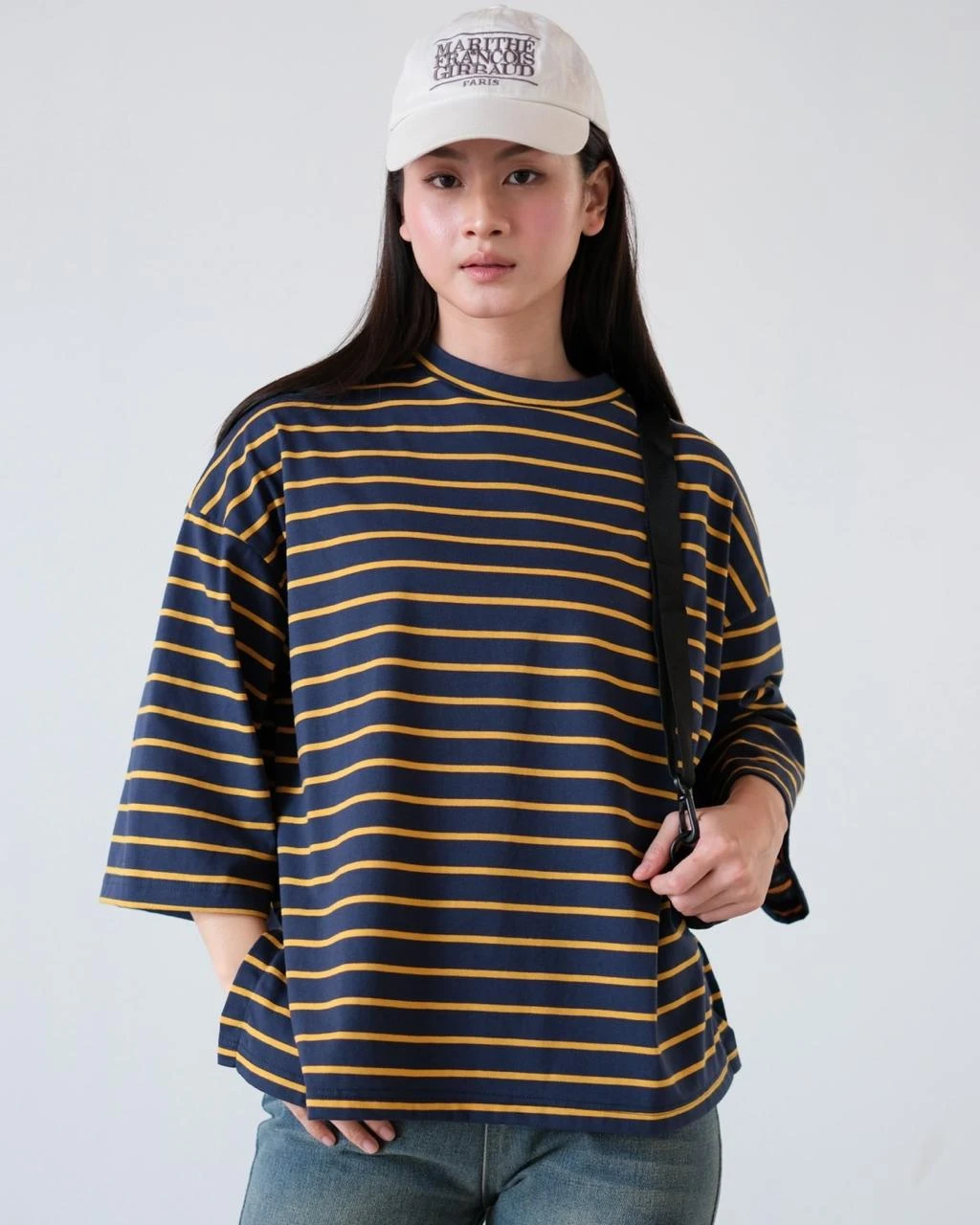 Alternative view of Karasu Stripe Sleeve Top Navy-Mustard Small