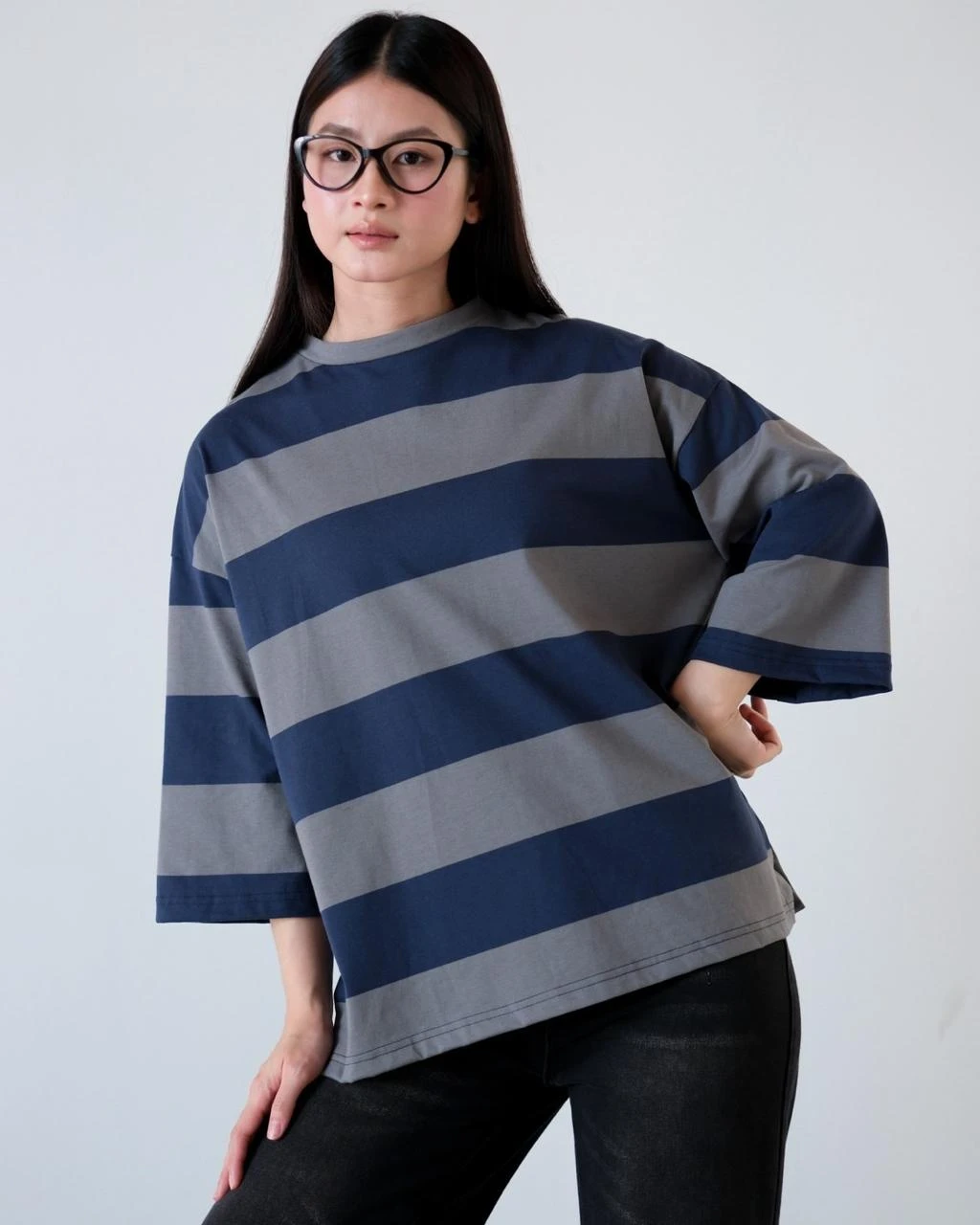 Karasu Stripe Sleeve Top Dark Grey-Navy Big