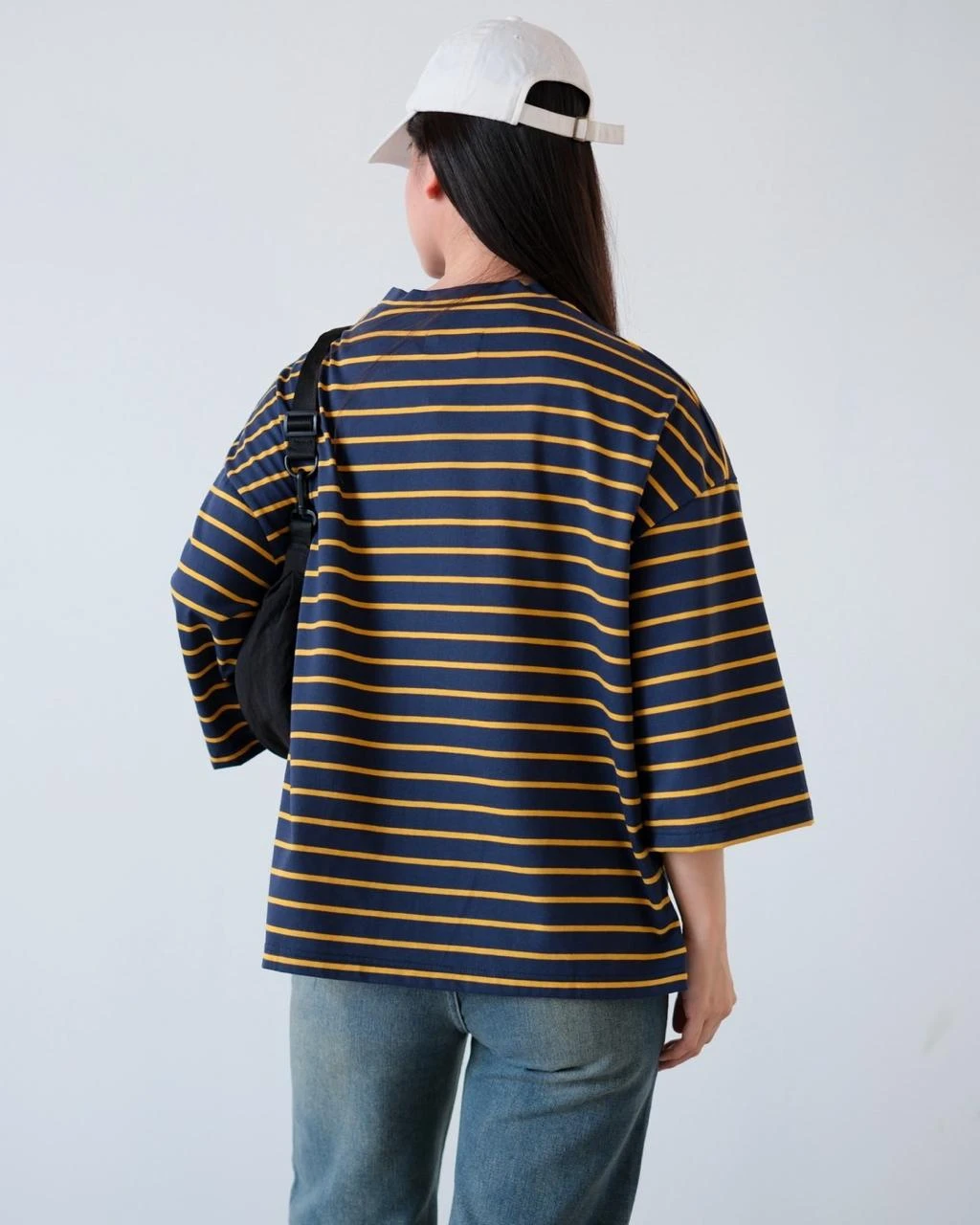 Karasu Stripe Sleeve Top Navy-Mustard Small - Image 3