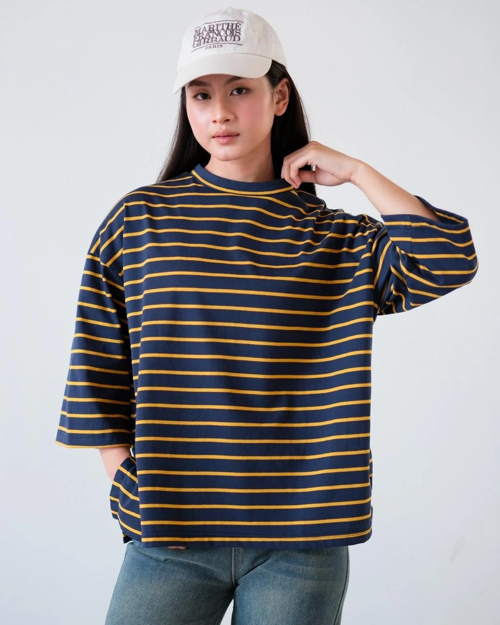 Karasu Stripe Sleeve Top Navy-Mustard Small