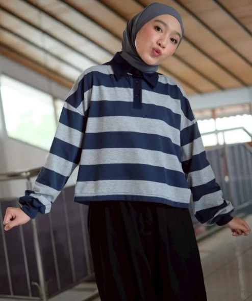 Lilou Stripe Longsleeve Misty Grey-Navy