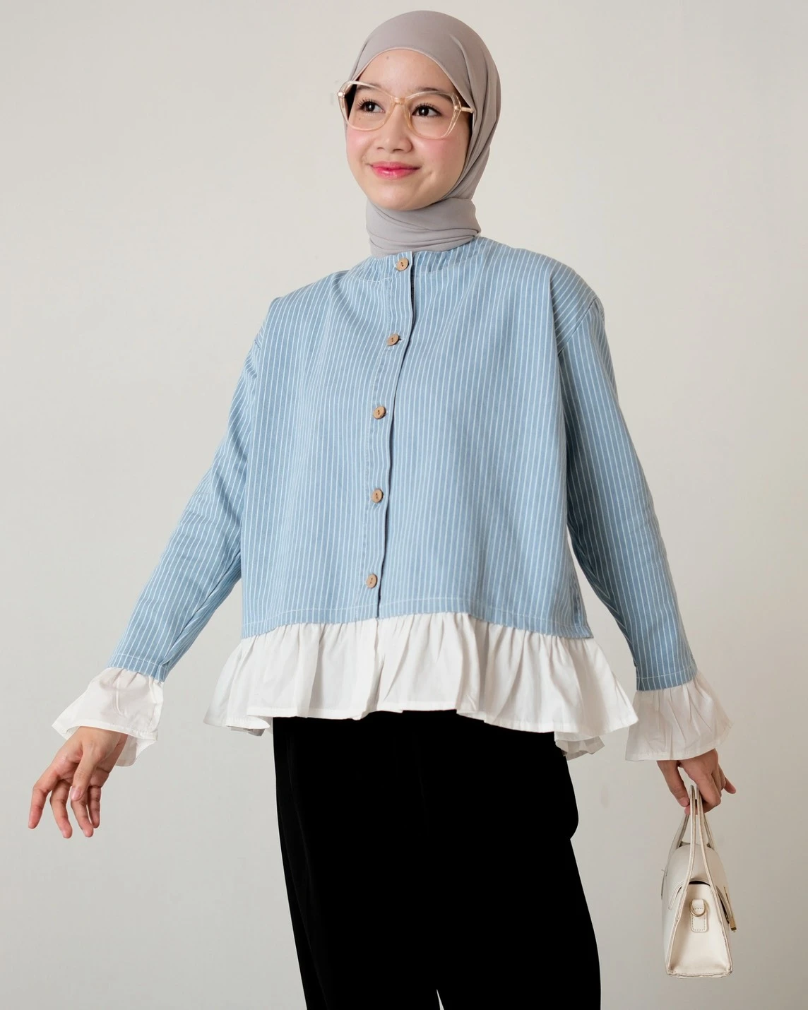 Qirae Denim Stripe Shirt Kode S1100B Light Blue